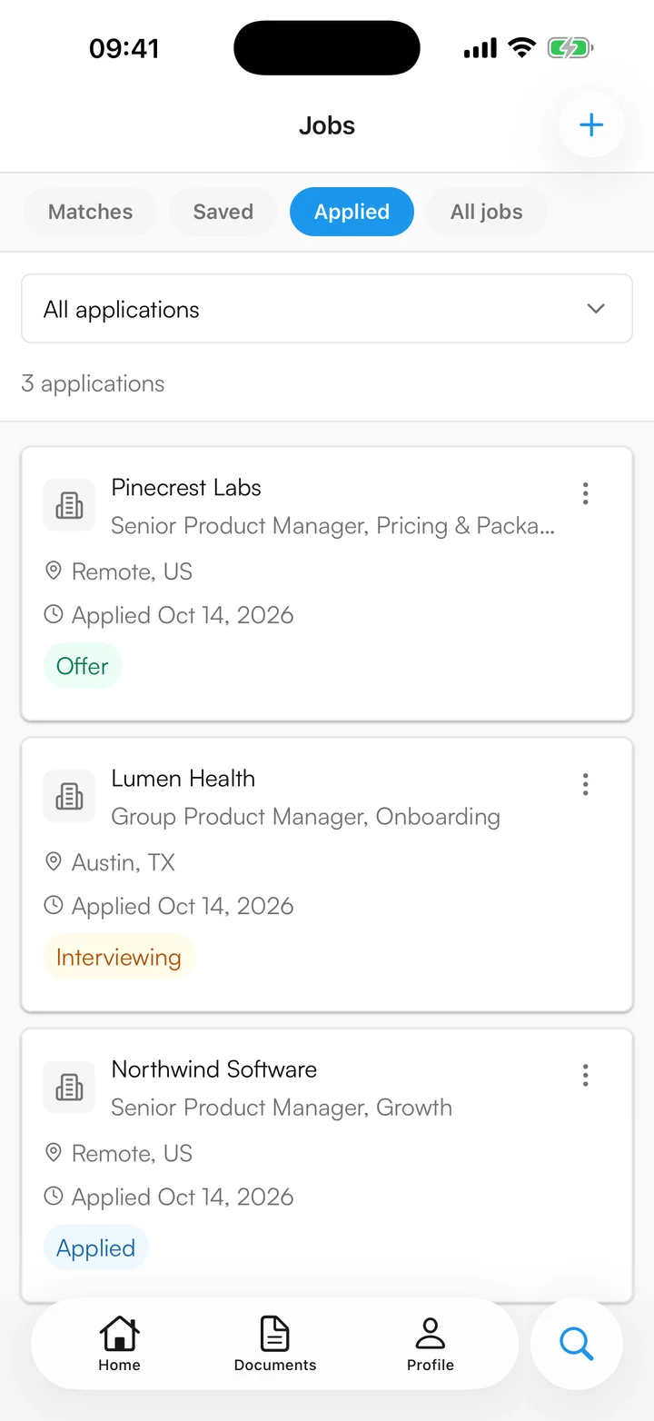 Applications in the Resume Master app, each with its status: offer, interviewing, applied