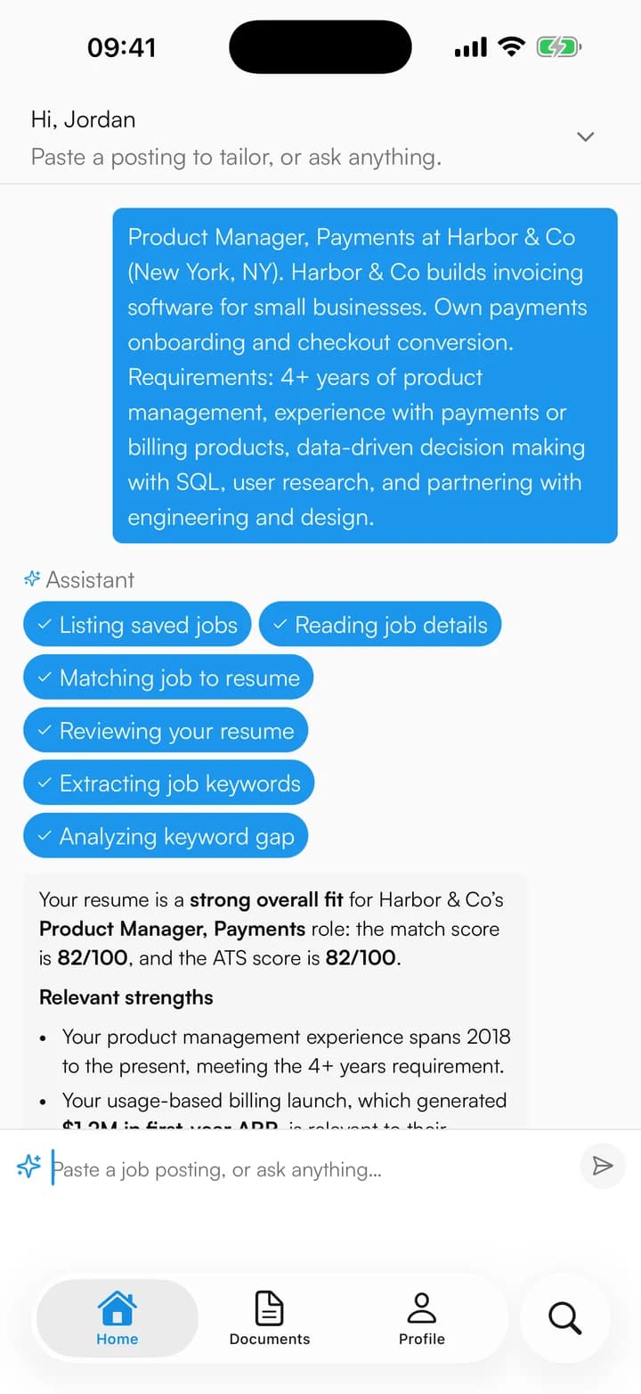 The Resume Master app home: a pasted job posting and the assistant's read of how the resume fits it