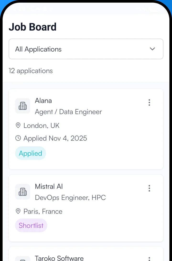Applications in the Resume Master app, each with its status