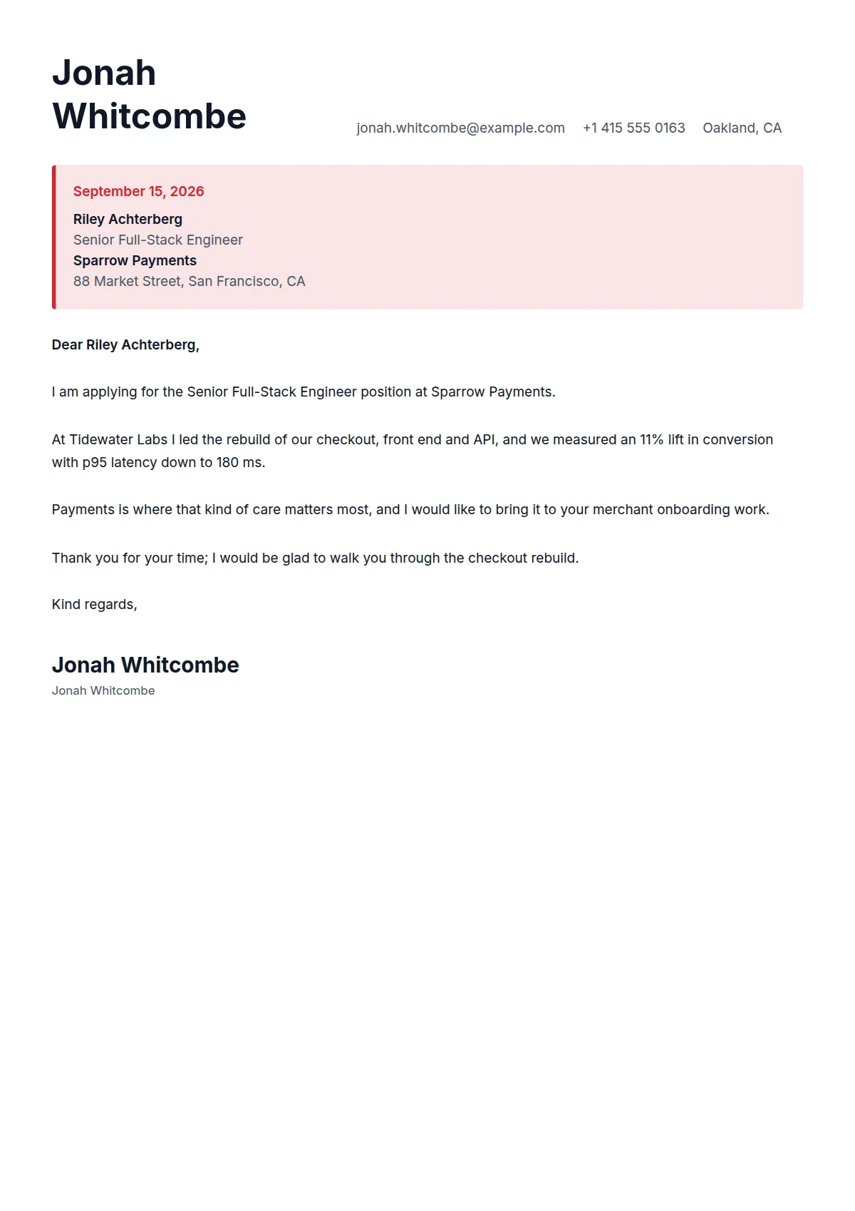 Modern cover letter template, filled in with a sample