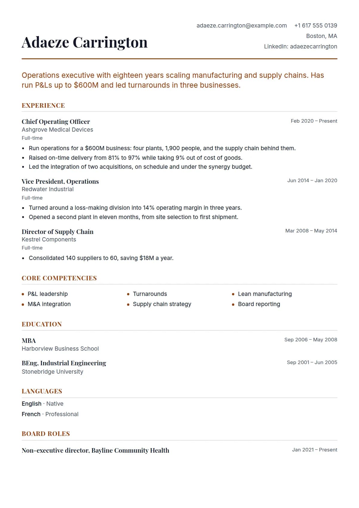 Boardroom resume template, filled in with a sample