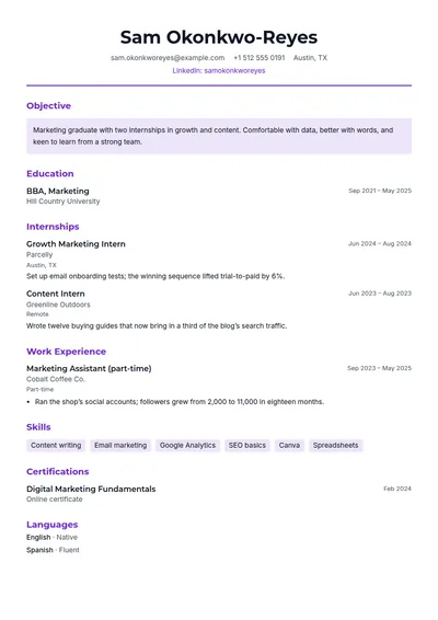 Campus resume template, page one