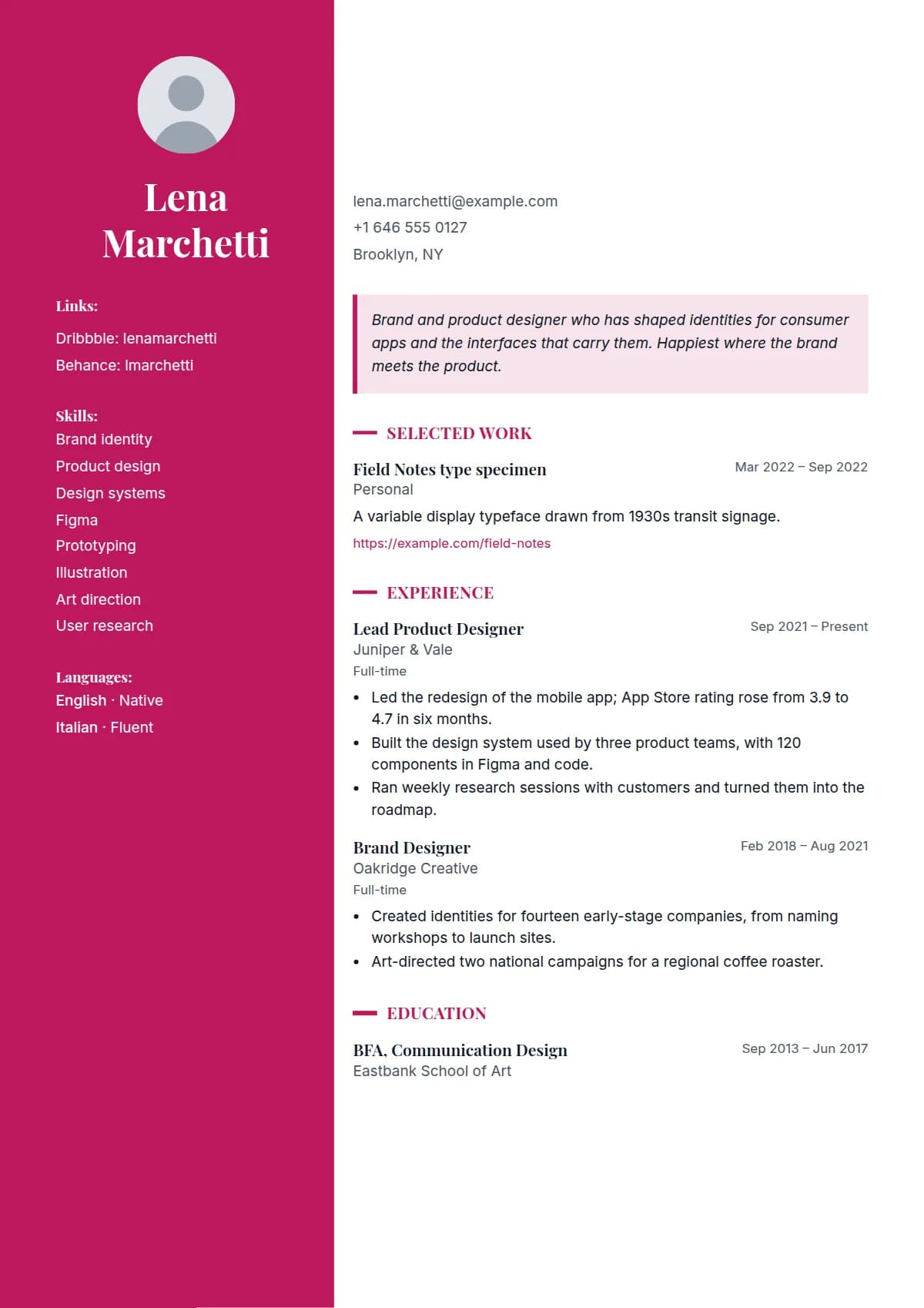 Canvas resume template, filled in with a sample