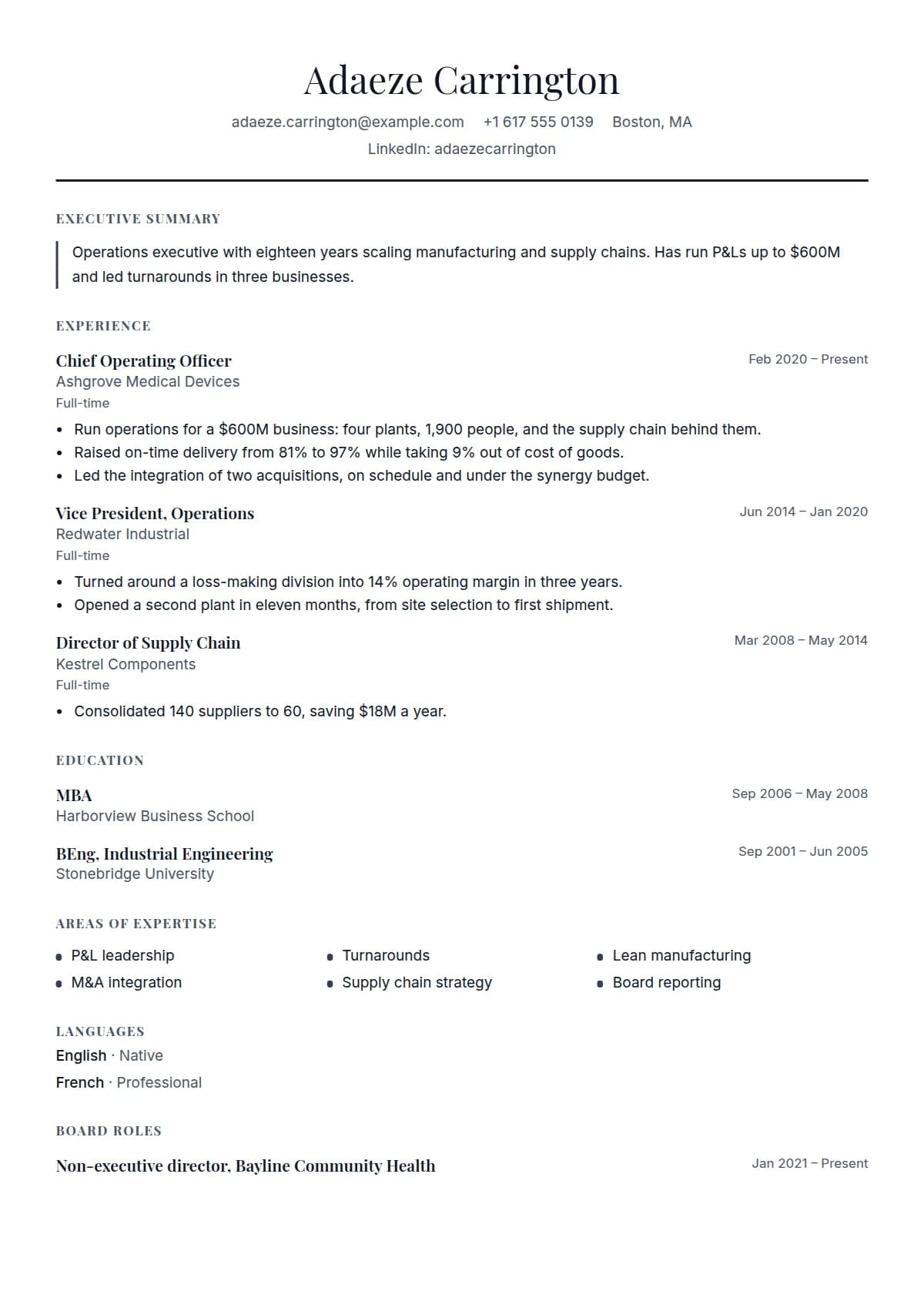 Chair resume template, filled in with a sample
