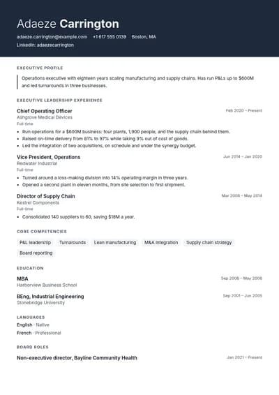 Executive resume template, page one