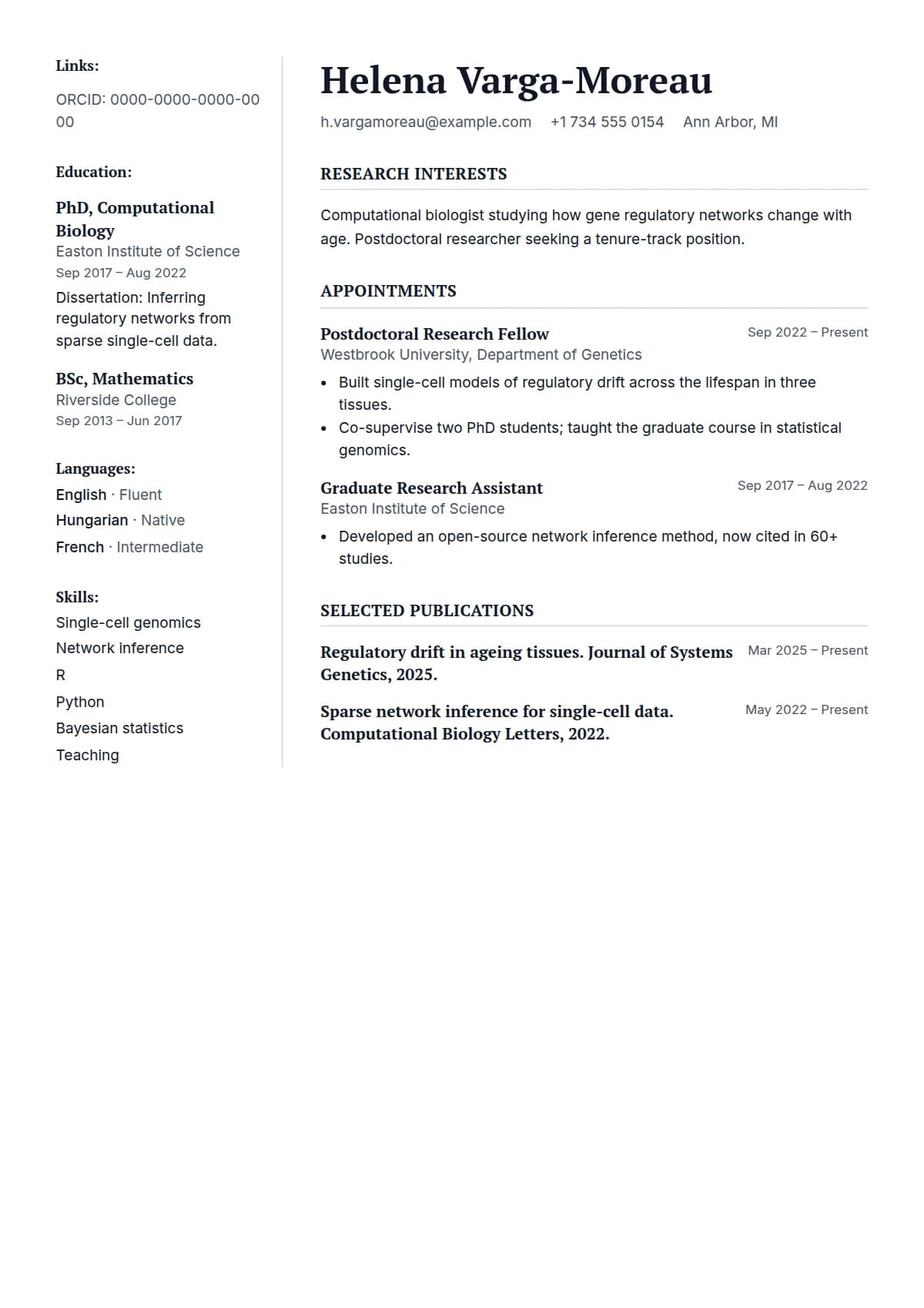 Fellow resume template, filled in with a sample