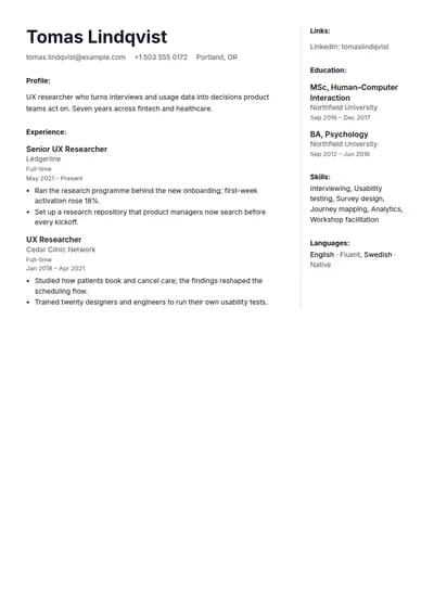 Ledger resume template, page one