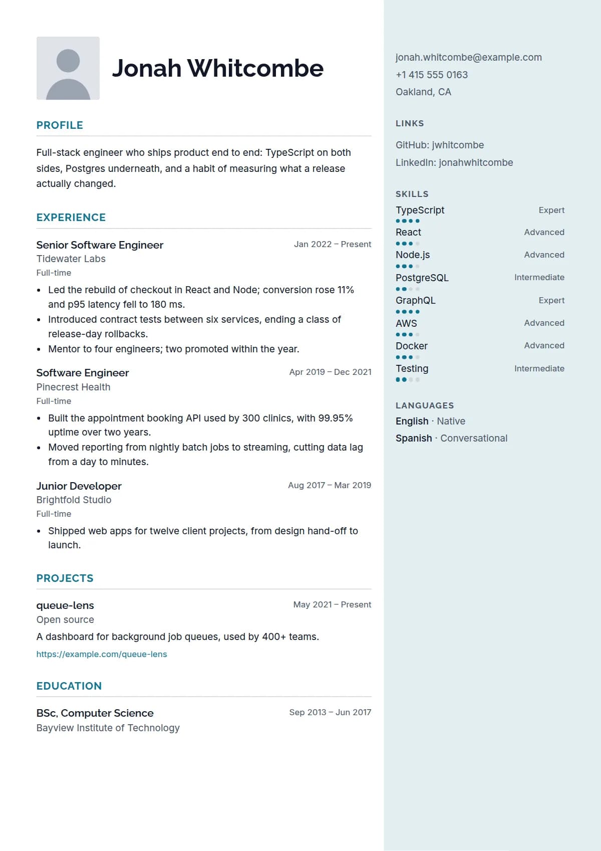 Lumen resume template, filled in with a sample
