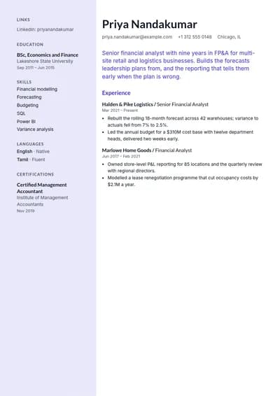 Meridian resume template, page one