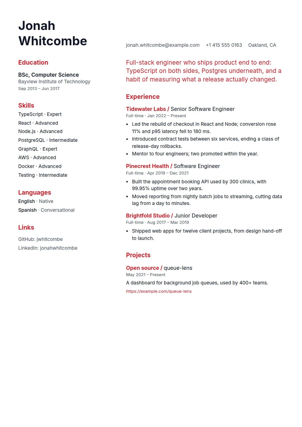 Modern resume template, filled in with a sample