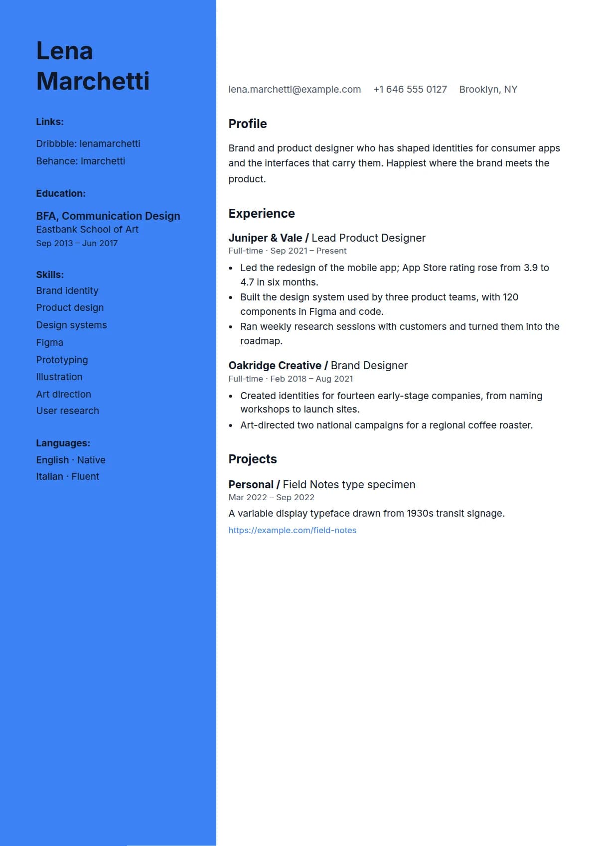 Origin resume template, filled in with a sample