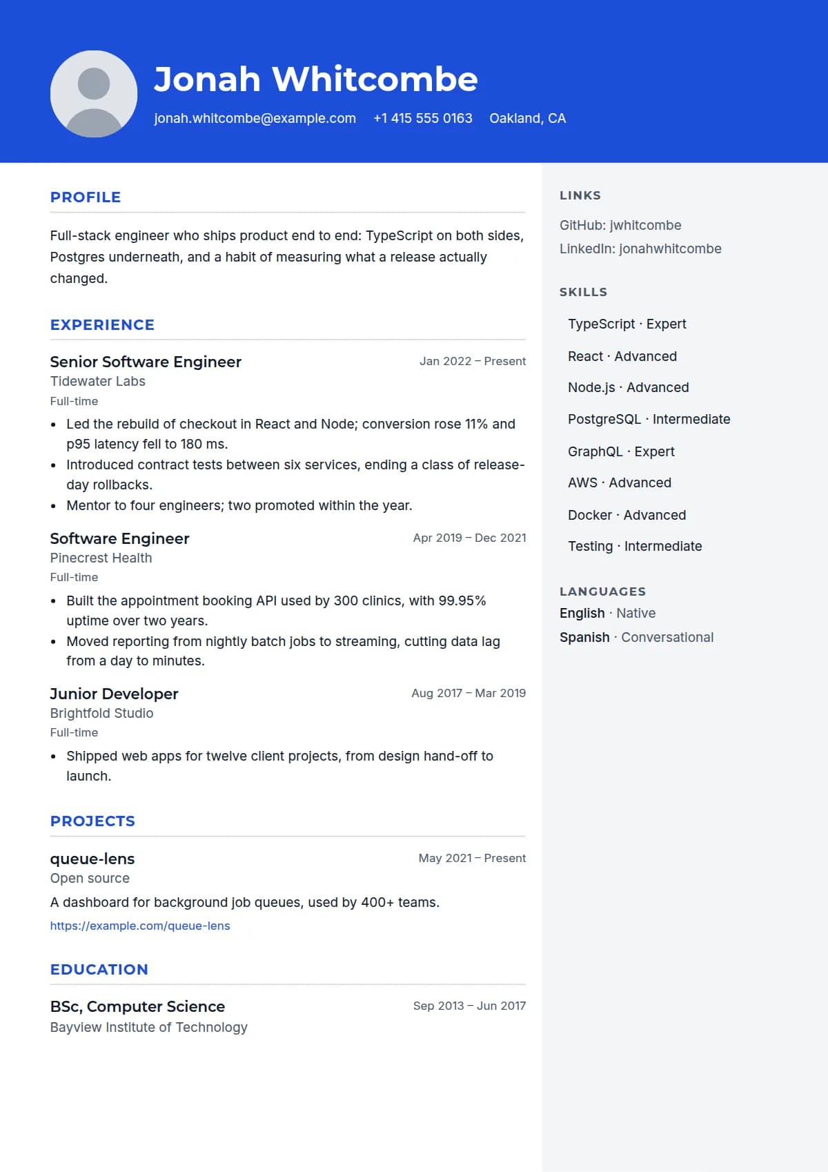 Portrait resume template, filled in with a sample