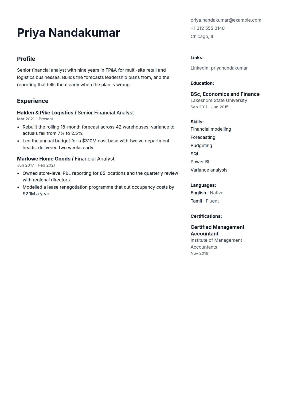 Prime resume template, filled in with a sample