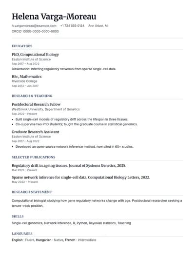 Scholar resume template, page one