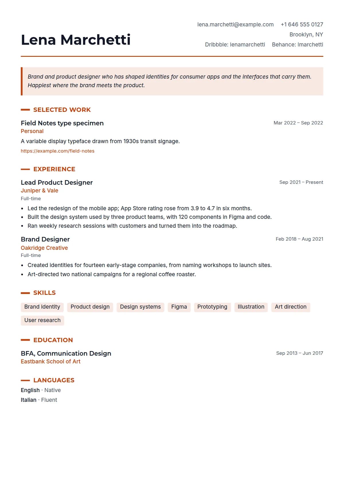 Studio resume template, filled in with a sample